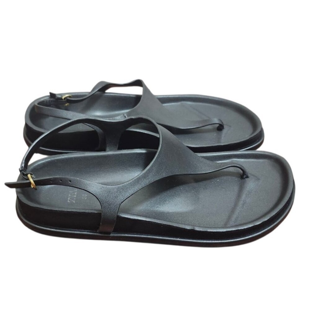 ZARA Women Black Minimalist Slingback Thong Sandals Size 36 Slip-On Flat Summer - Picture 5 of 11